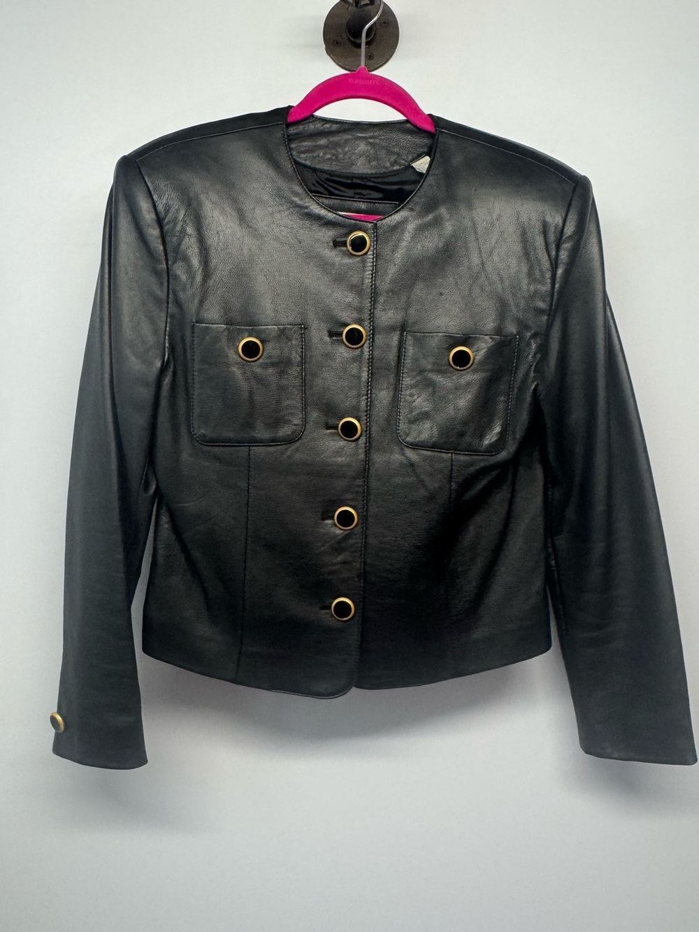 Lord & Taylor Vintage Black Leather Jacket with Gold Eyelet Accents Size 4